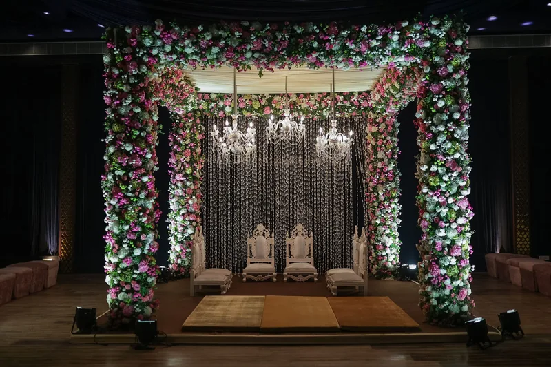 Wedding stage decorated with evening lights